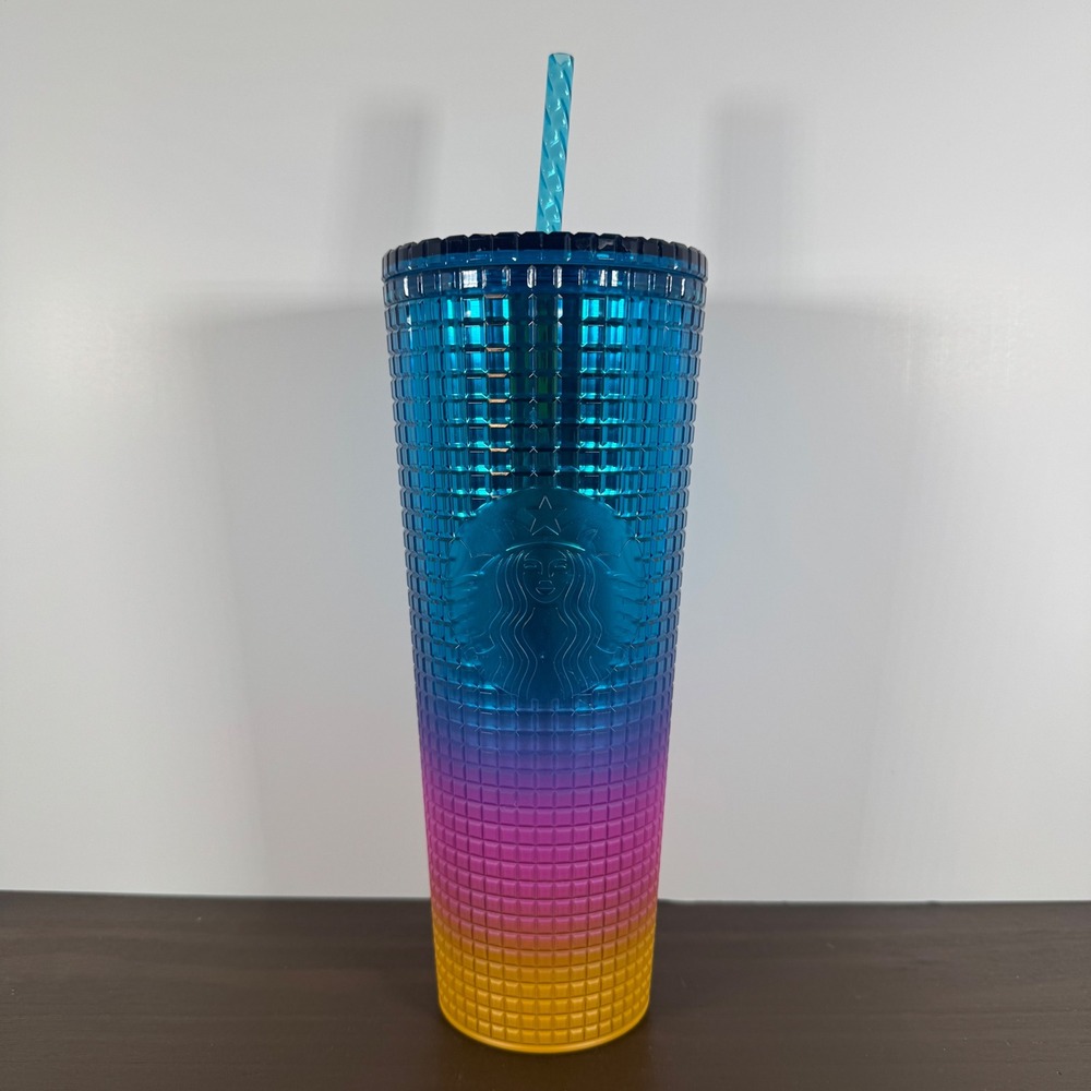 Starbucks Venti Cold Cup Tumbler Ombre Blue Pink Yellow Grid Textured 24oz Straw